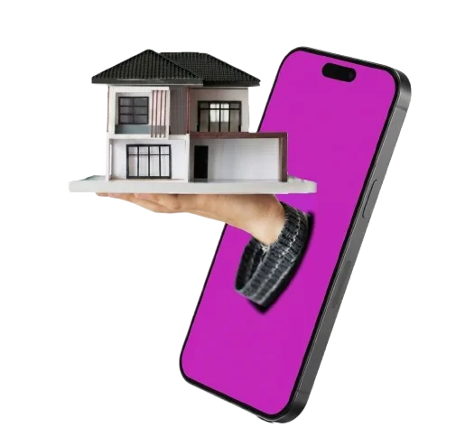 mano sosteniendo una casa sobre un teléfono con pantalla magenta